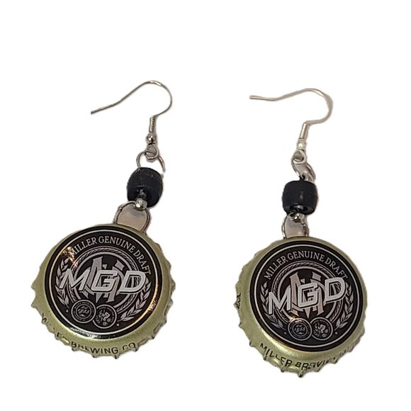 Silver Tone Miller Genuine Draft MGD Bottle Top Boho Drop Dangle Hook Earrings - Picture 1 of 3